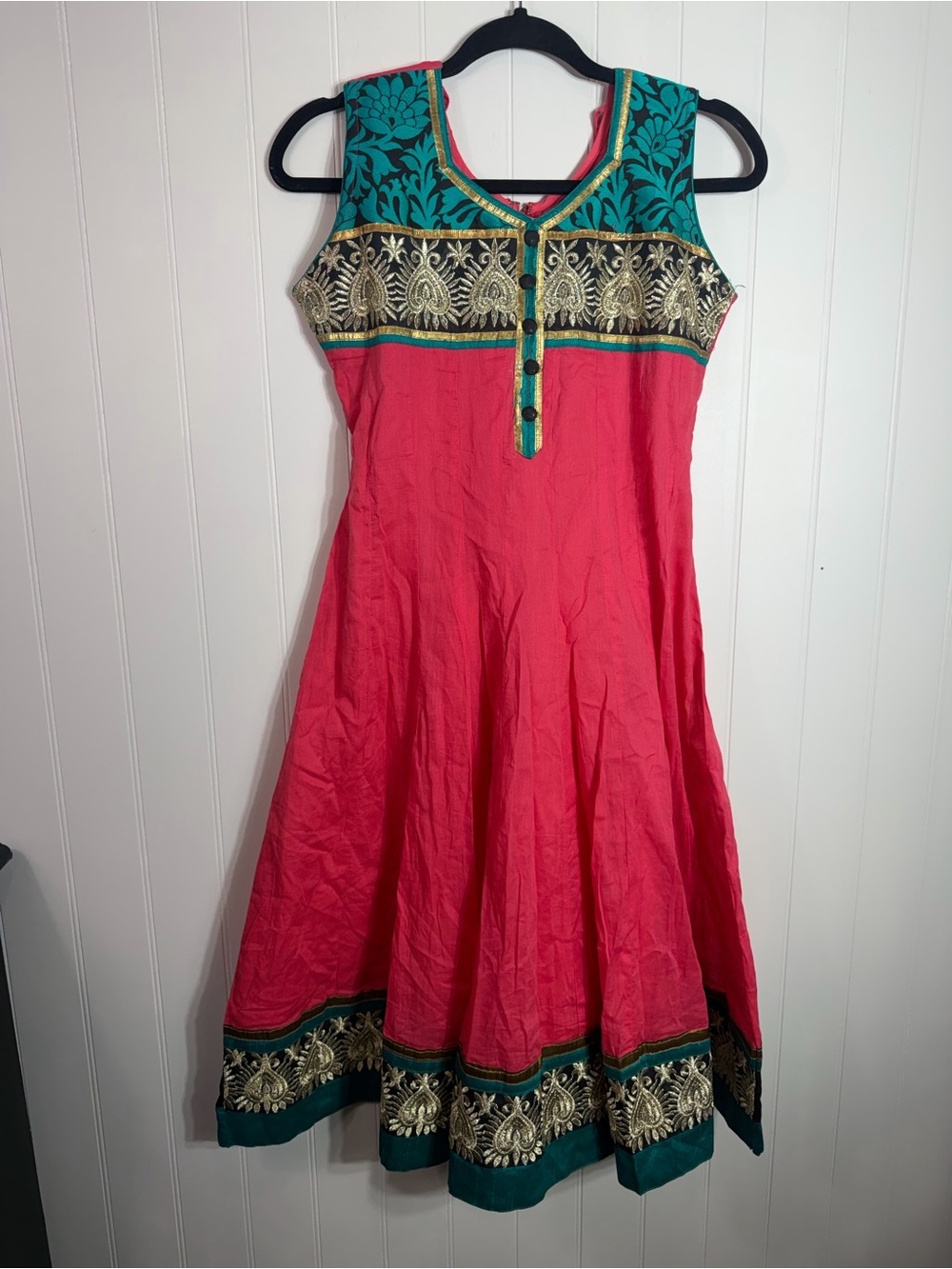 Brisa Embroidered Anarkali/ Indian Dress Size M Coral PinkTeal Gold Trim Boho